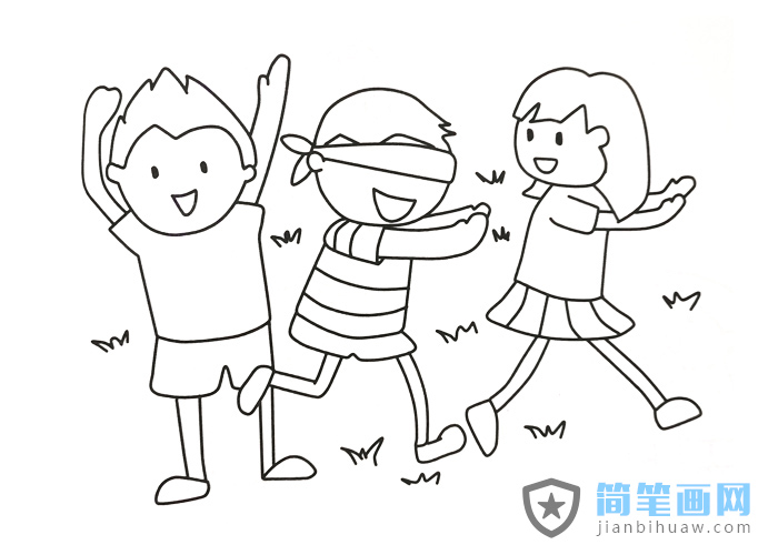 三個小朋友在玩捉迷藏游戲的簡筆畫圖片