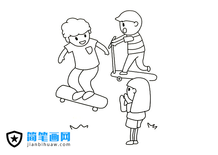 小朋友們一起玩滑板的簡(jiǎn)筆畫圖片