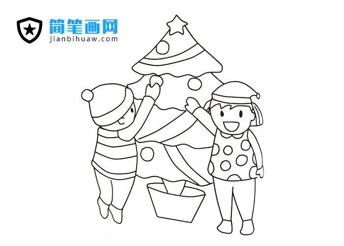 圣誕節(jié)兩位小朋友摘圣誕樹上蘋果的簡筆畫圖片