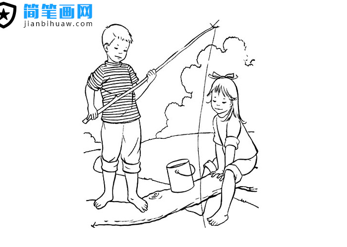 男孩女孩在小河上釣魚(yú)的簡(jiǎn)筆畫(huà)圖片