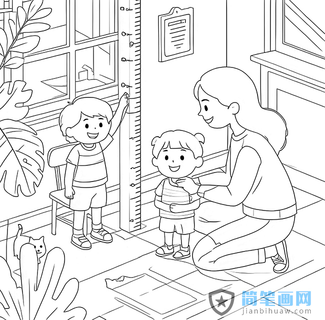 媽媽給兩個(gè)孩子量身高的簡(jiǎn)筆畫(huà)圖片